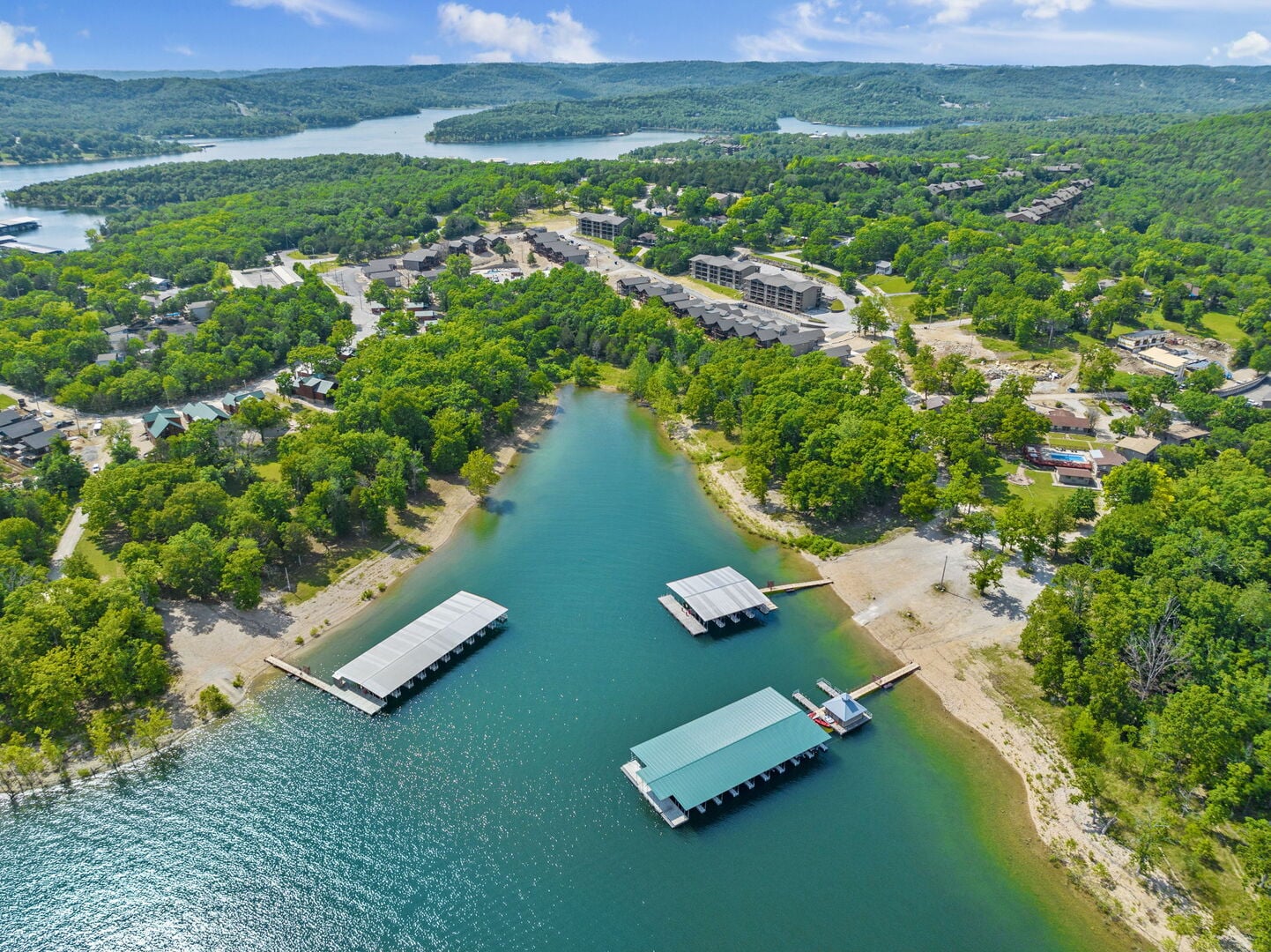 Table Rock Lake near Thunder Ridge Nature Arena with pontoon boats and swimming at Moonshine Beach