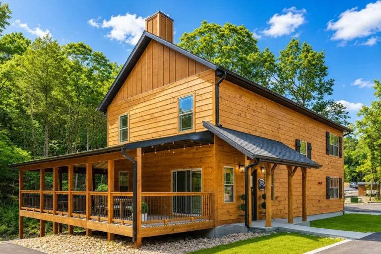 Two-story wood cabin with a long covered porch, outdoor dining table and string lights, surrounded by green trees under a blue sky