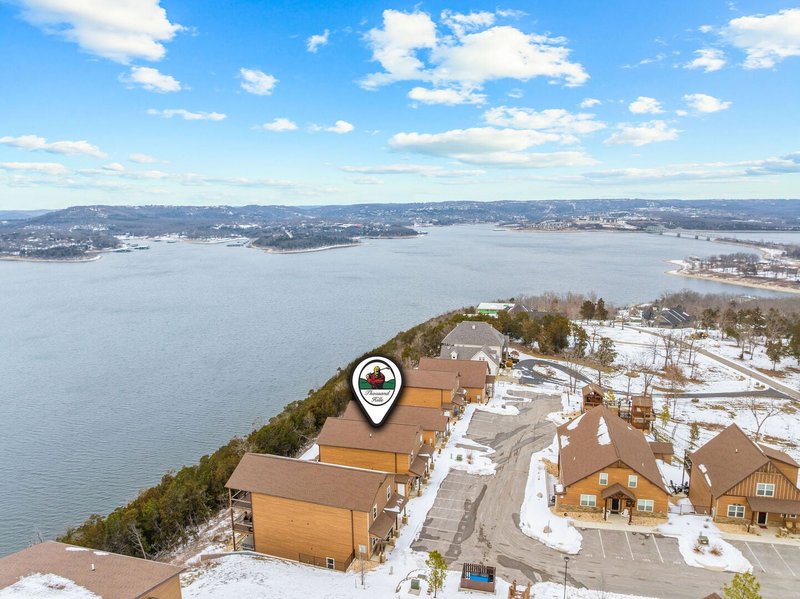Aerial view of Wilderness Mountain lodges along the bluff above Table Rock Lake in Kimberling City, Missouri